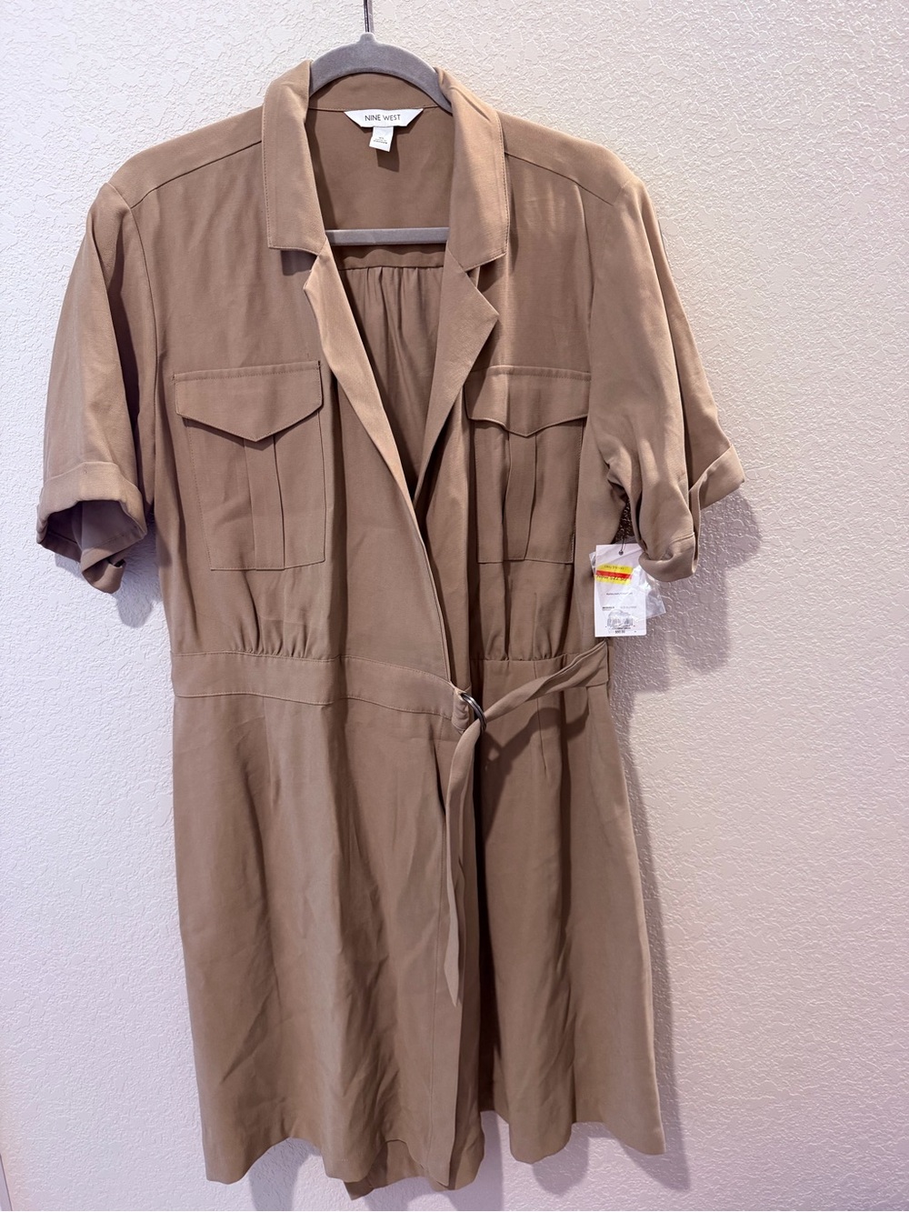 Nine West Taupe Collared Shirt Dress with Waist Tie